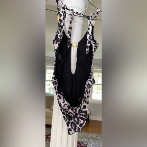 Brazilian women’s animal print metalic gold accents one piece swimsuit high tie